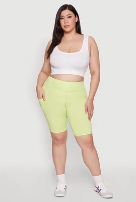 Womens Plus Size Cell Phone Pocket High Waisted Biker Shorts, Green, Size 2X