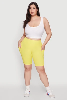 Womens Plus Size Cell Phone Pocket High Waisted Bike Shorts, Yellow, Size 1X