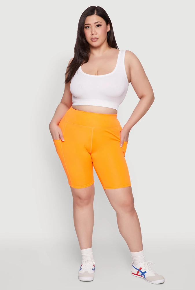 Womens Plus Size Cell Phone Pocket High Waist Biker Shorts, Orange, Size 1X