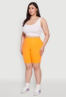 Womens Plus Size Cell Phone Pocket High Waist Biker Shorts, Orange, Size 1X