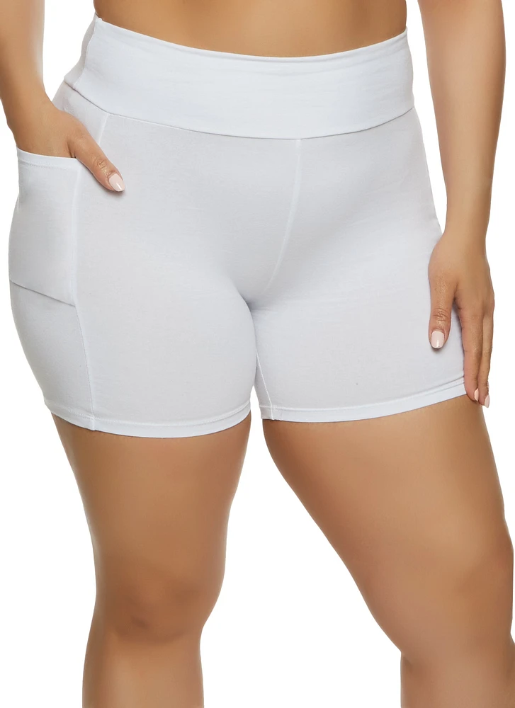 Womens Plus Size Basic Cell Phone Pocket Biker Shorts, White, Size 3X