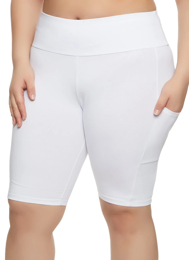 Womens Plus Size Solid Cell Phone Pocket Detail Biker Shorts, White, Size 2X