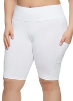 Womens Plus Size Solid Cell Phone Pocket Detail Biker Shorts, White, Size 2X