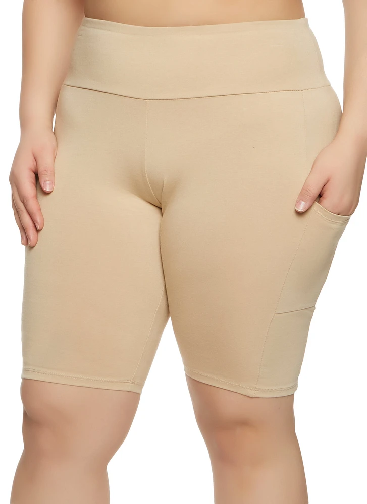 Womens Plus Size Solid Cell Phone Pocket Detail Biker Shorts, Khaki, Size 1X