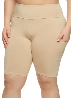 Womens Plus Size Solid Cell Phone Pocket Detail Biker Shorts, Khaki, Size 1X
