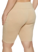 Womens Plus Size Solid Cell Phone Pocket Detail Biker Shorts, Khaki, Size 1X