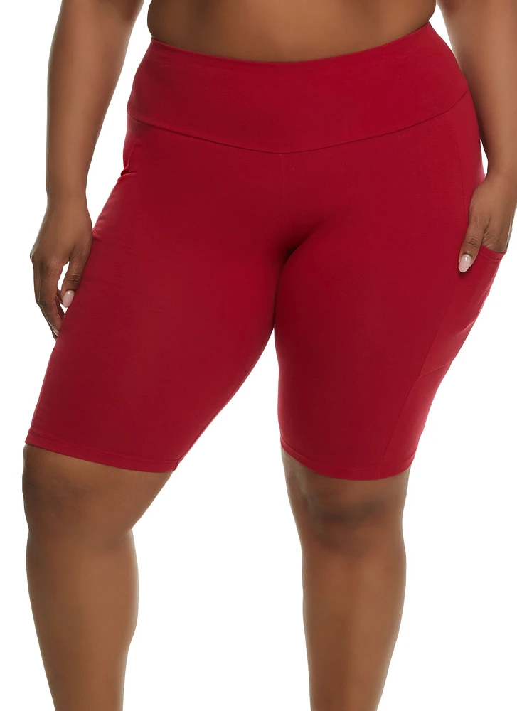 Womens Plus Size Solid Cell Phone Pocket Detail Biker Shorts, Red, Size 1X
