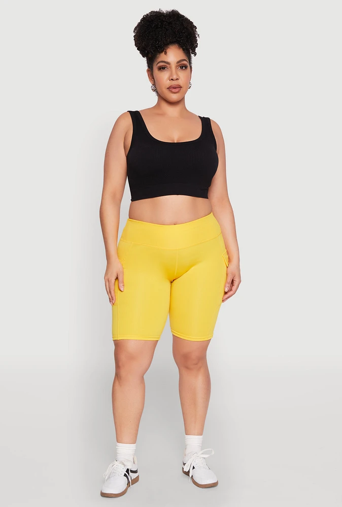 Womens Plus Size High Waisted Cargo Pocket Biker Shorts, Yellow, Size 3X