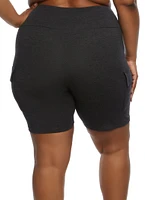 Womens Plus Cargo Pocket Detail Biker Shorts, 2X