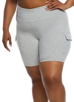 Womens Plus Cargo Pocket Detail Biker Shorts, Grey,