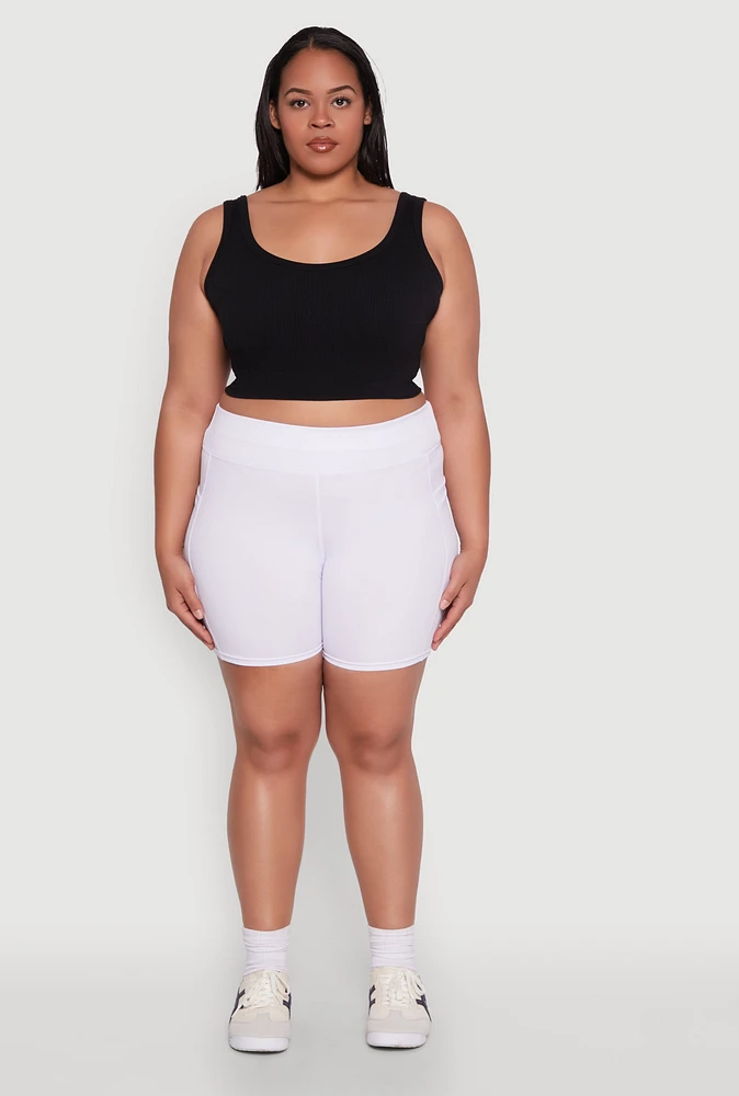 Womens Plus Cell Phone Side Pocket Biker Shorts, White,