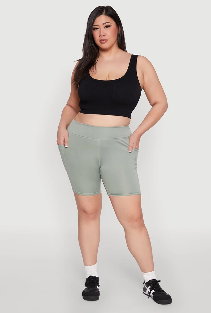 Womens Plus Cell Phone Side Pocket Biker Shorts, Green,