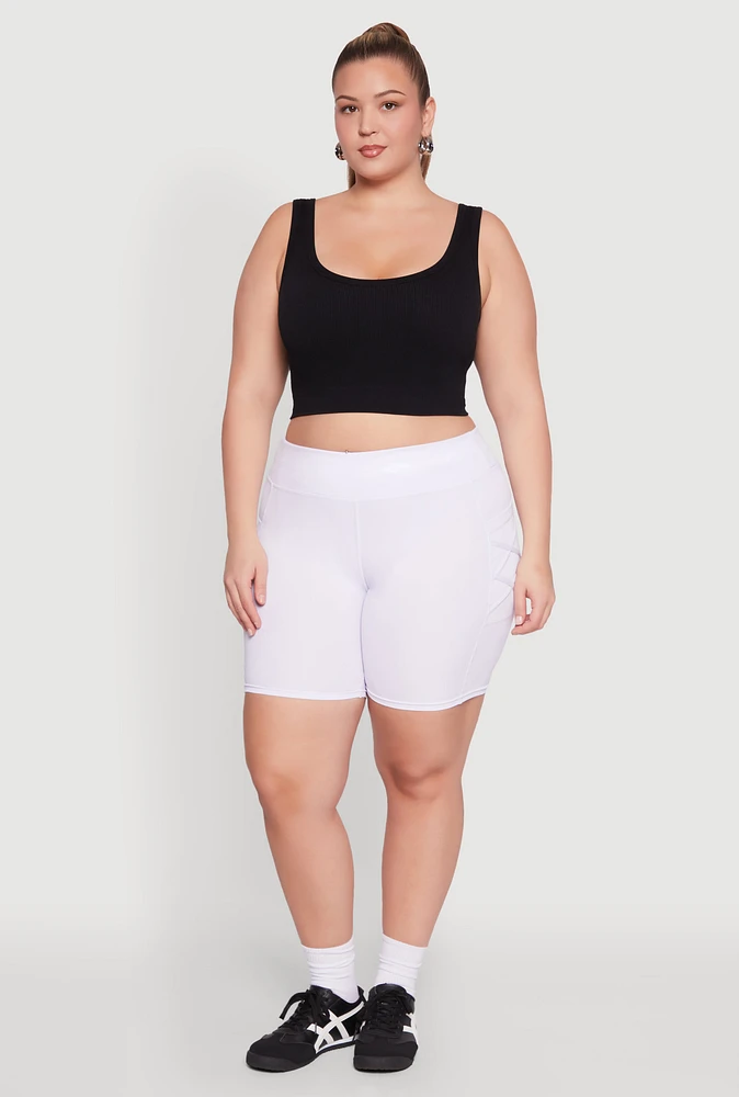 Womens Plus Size Caged Mesh Cell Phone Pocket Biker Shorts, White, Size 1X