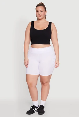 Womens Plus Size Caged Mesh Cell Phone Pocket Biker Shorts, White, Size 1X