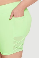 Womens Plus Caged Mesh Detail Side Pocket Bike Shorts,
