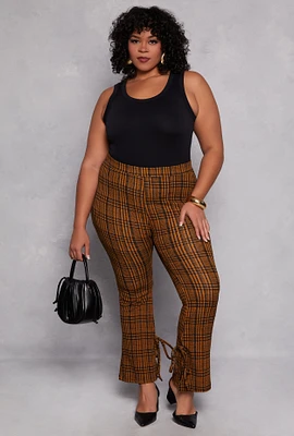 Womens Plus Size Plaid Side Slit Flare Pants, Yellow, Size 2X