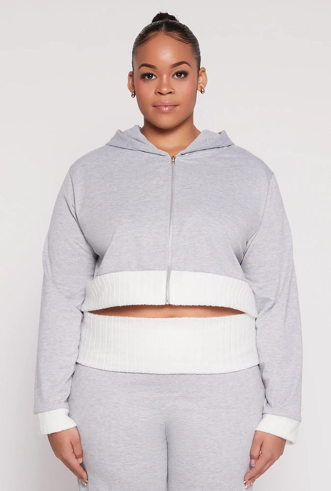 Womens Plus Size Two Tone Trim Hooded Sweatshirt, Grey, Size 1X