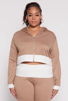 Womens Plus Size Two Tone Trim Hooded Sweatshirt, Beige, Size 3X