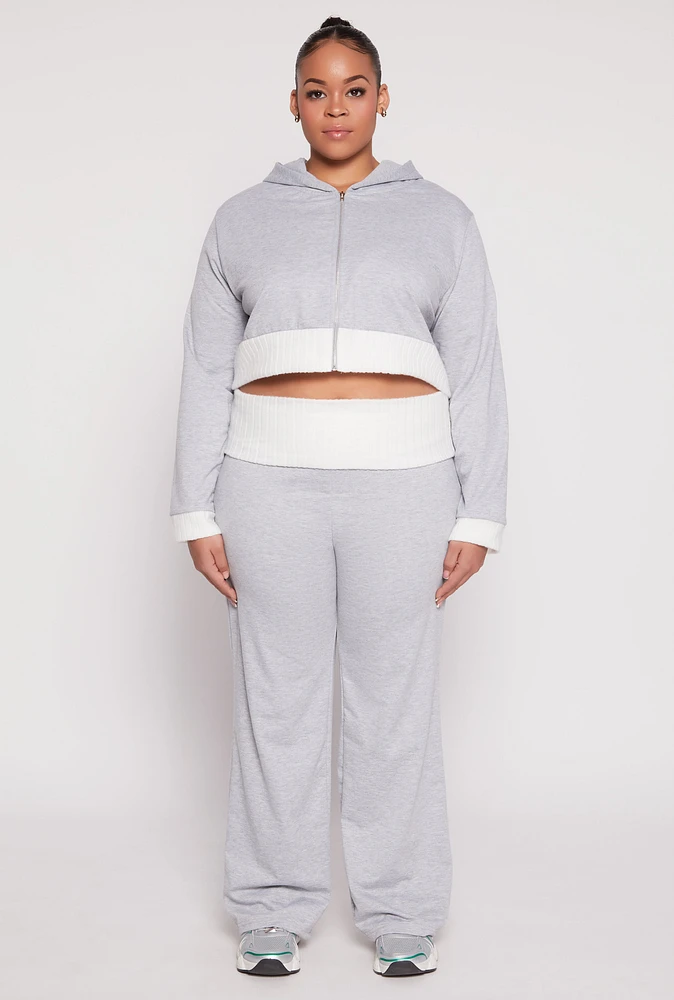 Womens Plus Size Two Tone Waistband Wide Leg Sweatpants, Grey, Size 1X