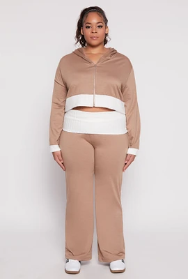 Womens Plus Two Tone Waistband Wide Leg Sweatpants, Khaki,