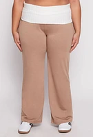 Womens Plus Two Tone Waistband Wide Leg Sweatpants, Khaki,