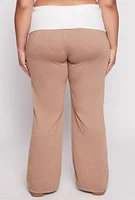 Womens Plus Two Tone Waistband Wide Leg Sweatpants, Khaki,