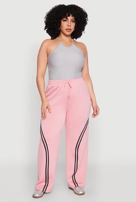 Womens Plus Size Contrast Trim High Waisted Sweatpants, Pink, Size 3X