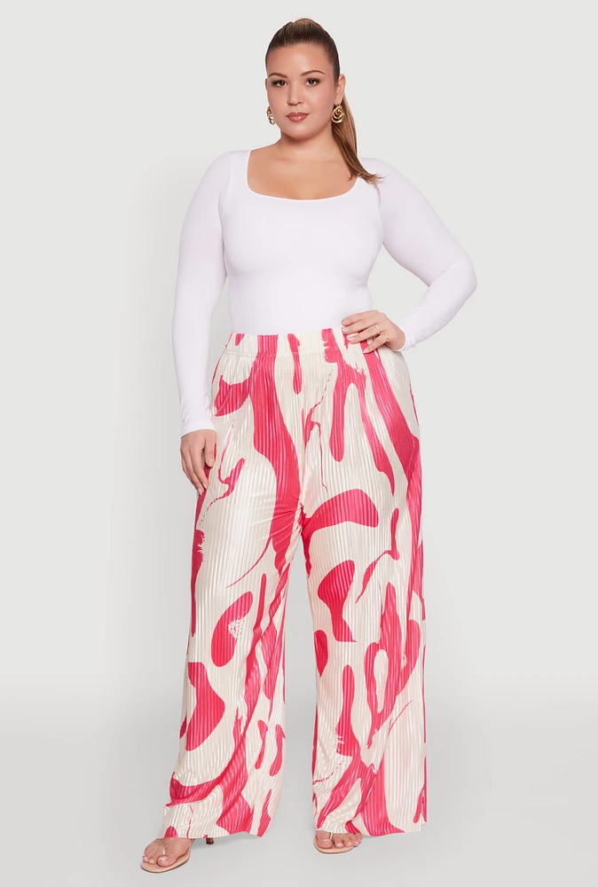 Womens Plus Size Plisse Printed Palazzo Pants, Multi, Size 1X