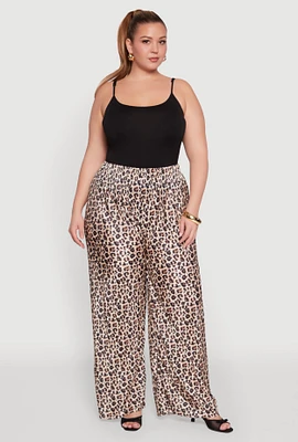 Womens Plus Size Plisse Leopard Print Palazzo Pants, Brown, Size 3X