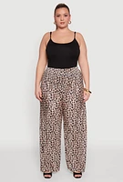 Womens Plus Size Plisse Leopard Print Palazzo Pants, Brown, Size 1X