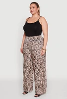 Womens Plus Size Plisse Leopard Print Palazzo Pants, Brown, Size 1X