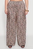 Womens Plus Size Plisse Leopard Print Palazzo Pants, Brown, Size 1X
