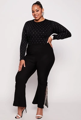 Womens Plus Size Rhinestone Fringe Slit Hem Pants, Black, Size 3X