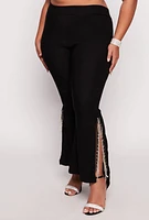Womens Plus Size Rhinestone Fringe Slit Hem Pants, Black, Size 3X
