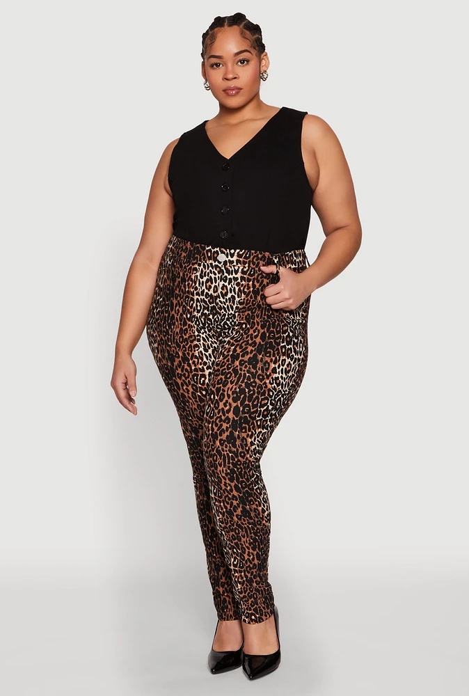 Womens Plus Size Leopard Print Pants, Brown, Size 2X