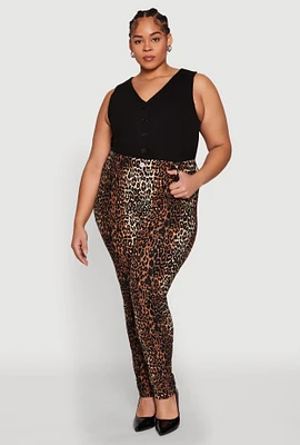Womens Plus Size Leopard Print Pants, Brown, Size 2X