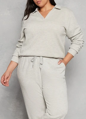 Womens Plus Size Brushed Knit Johnny Collar Sweatshirt, Grey, Size 1X
