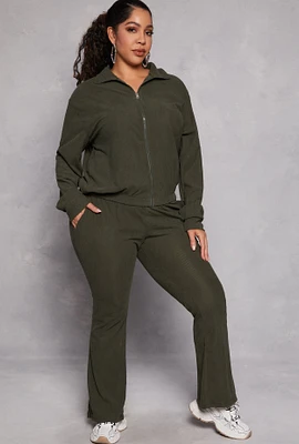 Womens Plus Ribbed Knit Flare Pants, Green,