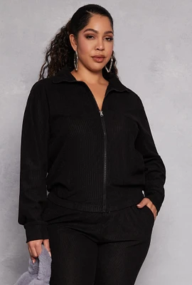 Womens Plus Size Ribbed Knit Zip Front Sweatshirt, Black, Size 1X