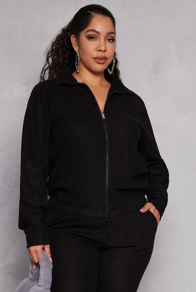 Womens Plus Size Ribbed Knit Zip Front Sweatshirt, Black, Size 2X