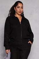 Womens Plus Size Ribbed Knit Zip Front Sweatshirt, Black, Size 2X