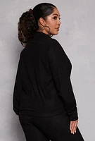 Womens Plus Size Ribbed Knit Zip Front Sweatshirt, Black, Size 2X