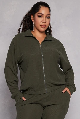 Womens Plus Size Ribbed Knit Zip Front Sweatshirt, Green, Size 1X