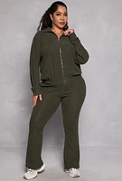 Womens Plus Size Ribbed Knit Zip Front Sweatshirt, Green, Size 1X