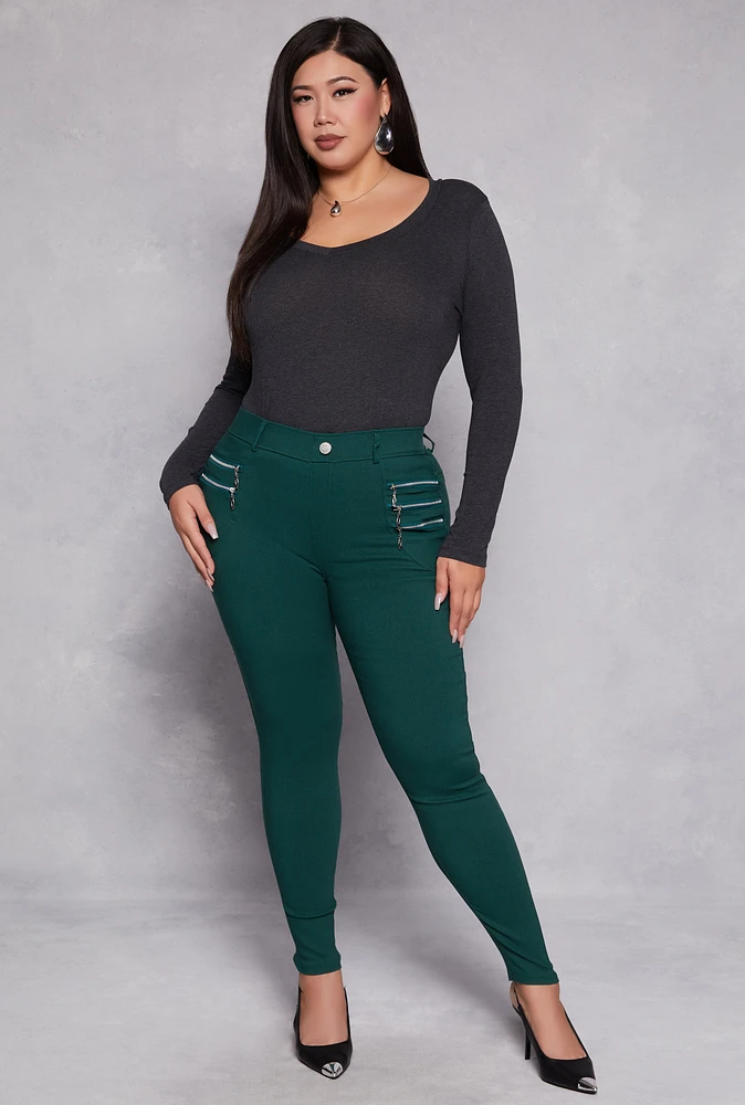 Womens Plus Size Stretch Zipper Detail Skinny Leg Pants, Green, Size 1X