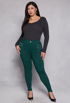 Womens Plus Size Stretch Zipper Detail Skinny Leg Pants, Green, Size 1X