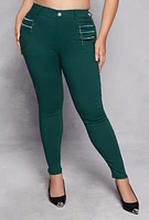 Womens Plus Size Stretch Zipper Detail Skinny Leg Pants, Green, Size 1X