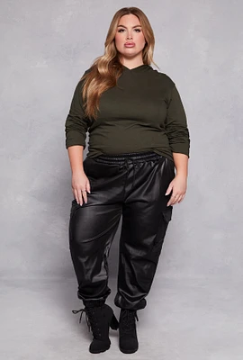 Womens Plus Size Leather Look Cargo Joggers, Black, Size 1X