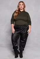 Womens Plus Size Leather Look Cargo Joggers, Black, Size 3X