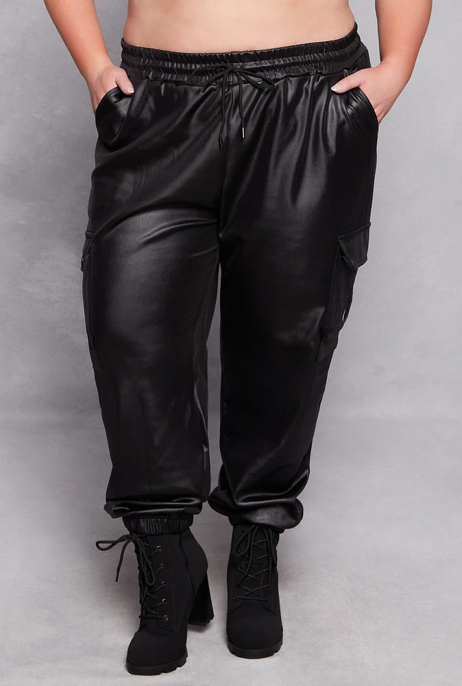 Womens Plus Size Leather Look Cargo Joggers, Black, Size 3X